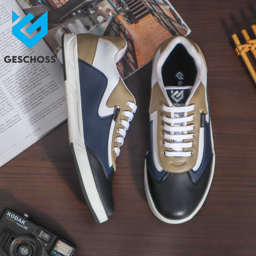 GESCHOSS NEVY KOMBINASI - Sneakers Pria Tali Olahraga Keren Bahan Kulit Sintetis Sepatu Pria Sepatu Kasual Gs-7804
