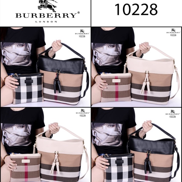 TAS BURBERRY 10228# BURBERRY Brit Grainy Ashby Tassel HOBO Canvas Vs Smooth Leather 2in1 Like Ori