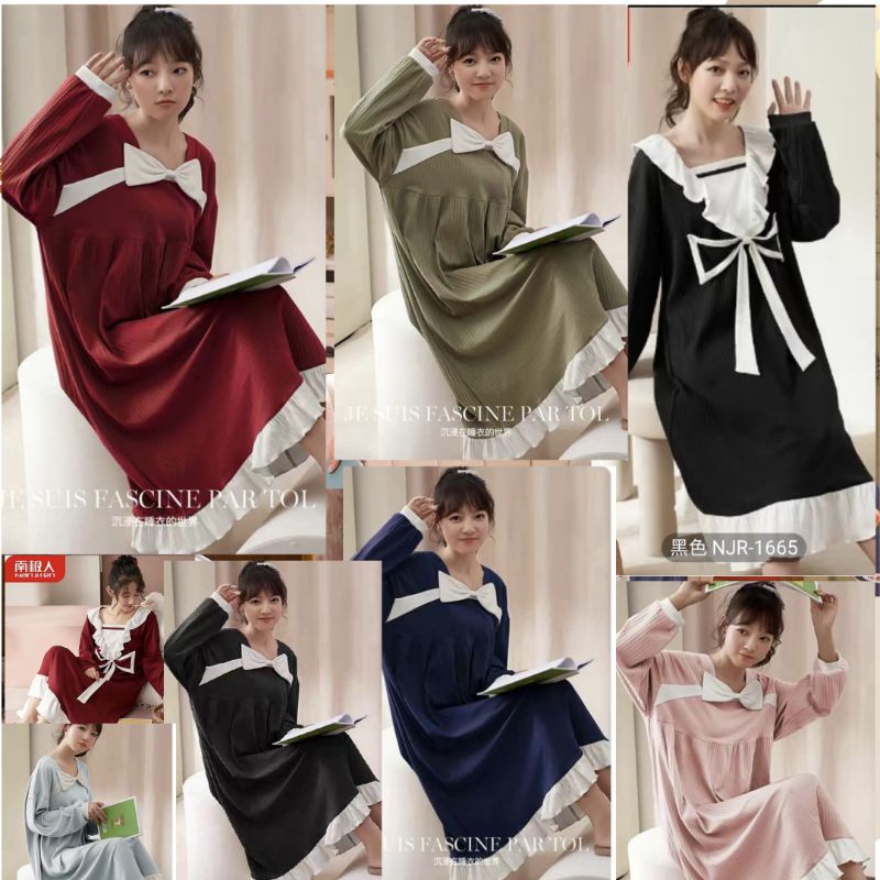 BAJU DASTER KOREA KEKINIAN PIYAMA KAOS BAJU TIDUR WANITA KATUN IMPORT BUSUI DRES LENGAN PANJANG POLO