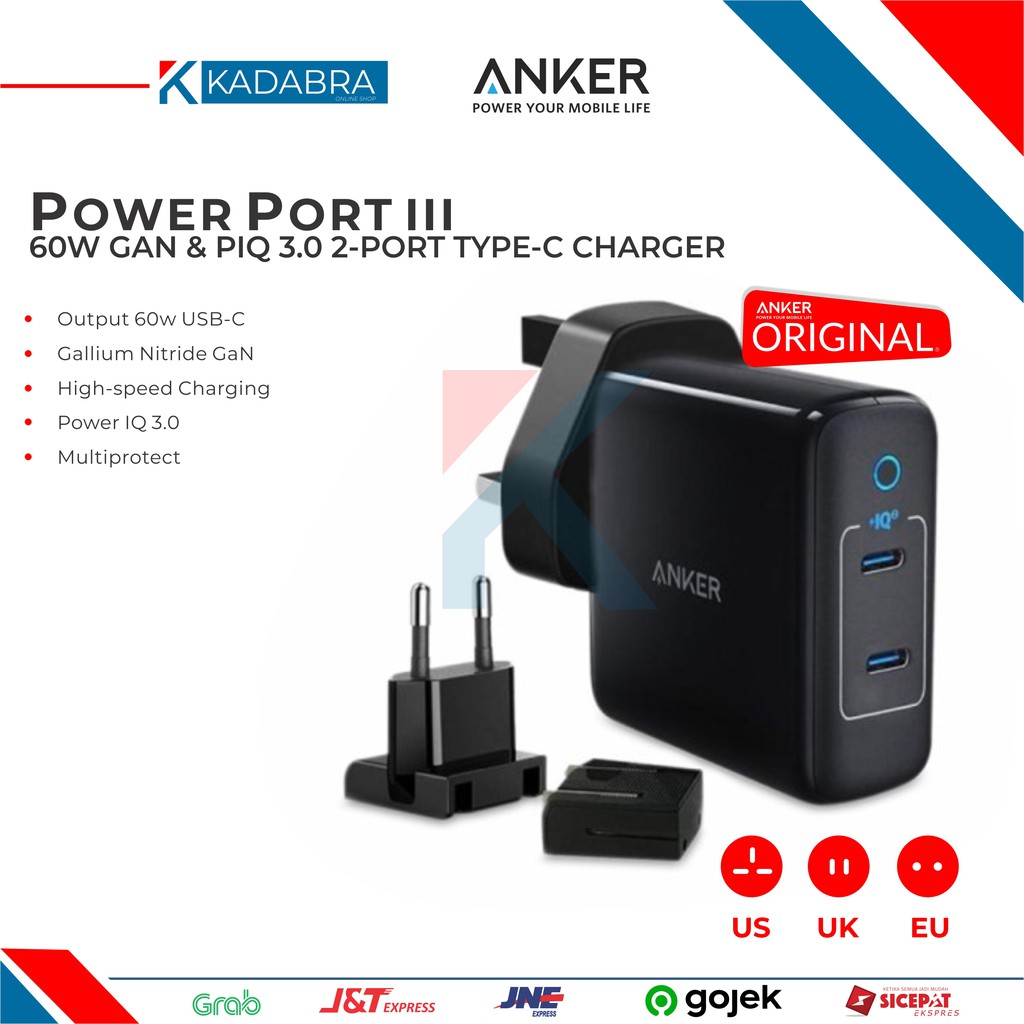 Wall Charger Anker Powerport III 2 Port 60W Travel Adaptor A2629 - Hitam