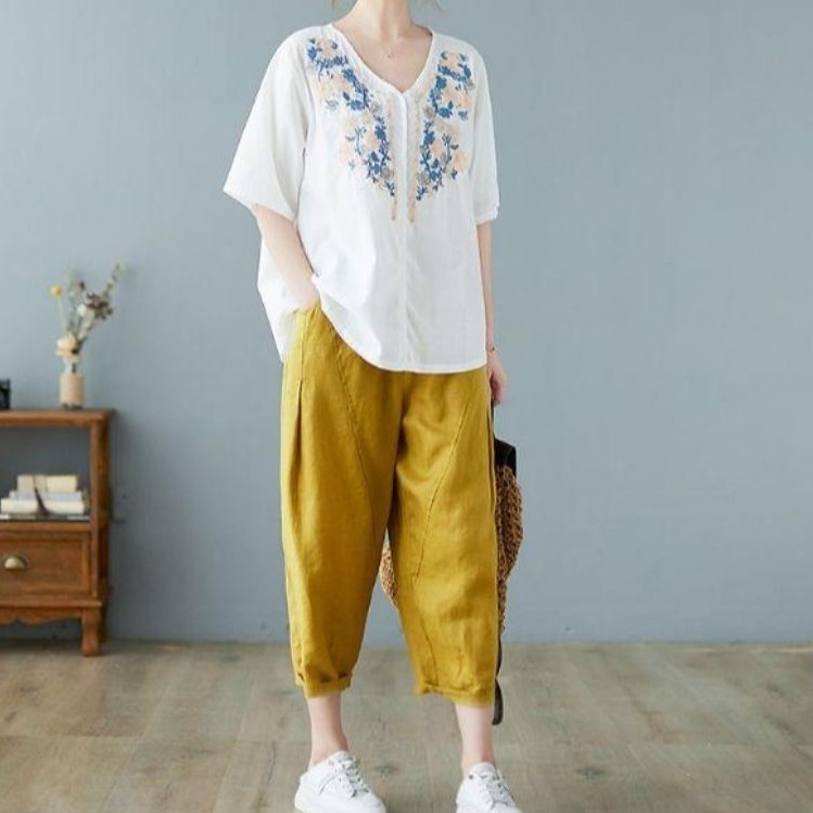 5073 Baju Atasan pakaian blose blouse polos depan leher Vi motif bunga bordir lengan pendek import i