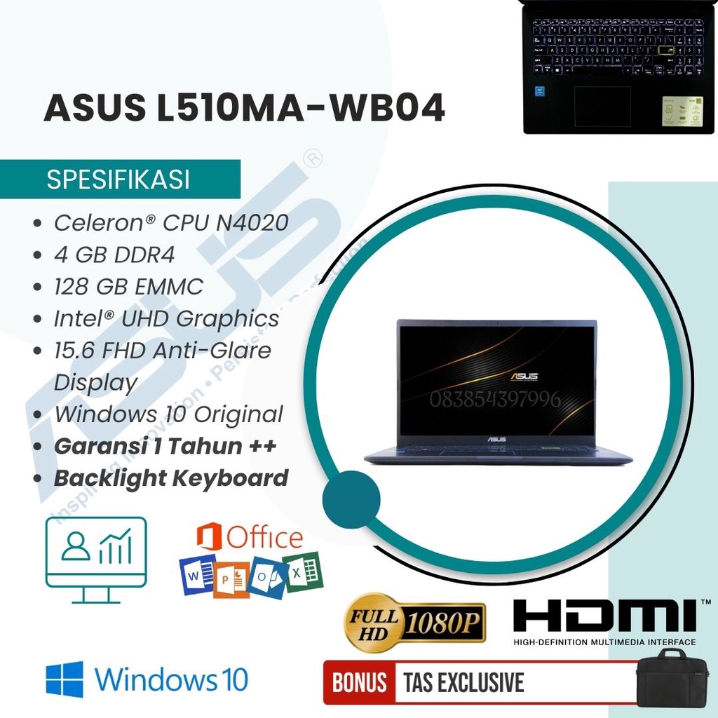 LAPTOP BARU MURAH ASUS L510MA-WB04 N4020 RAM 4GB - 128GB + 256GB SSD - WIN10 - 15.6&quot; FHD BACKLIT KEY - FREE TAS LAPTOP - TEKNO KITA