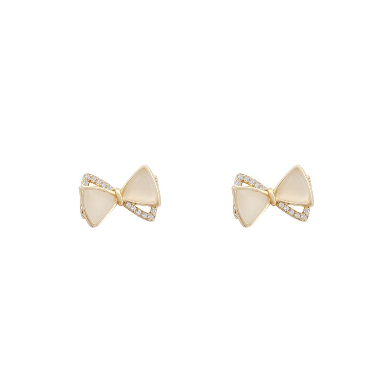 Shuling S925 Silver Needle Opal Bow Earrings Female Micro Inlaid Diamond Super Cute Stud Earrings