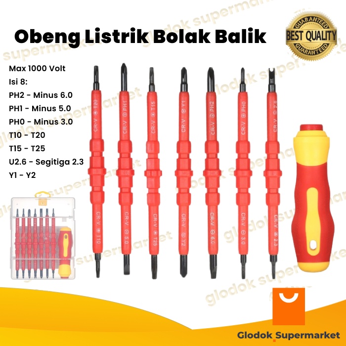 Obeng Listrik Set Bolak Balik 8 in 1 1000 Volt 2 Way Screwdriver Plus Minus 1000v