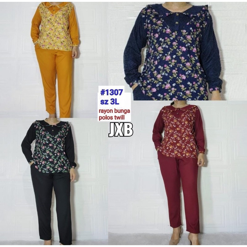 Setelan Panjang Rayon Twill Motif Bunga Kancing Hidup Kombinasi Polos Jumbo // One Set Jumbo Rayon T