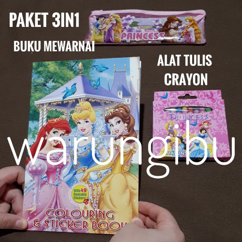 

Paket Kado 3in1 Buku Anak Mewarnai Princess Disney Gift Set Alat Tulis Crayon Mini Pink