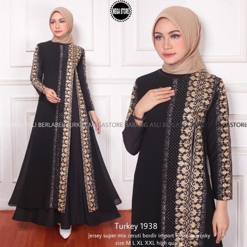 TURKEY 1938 Gamis Abaya Dress Dubai Arabian Style warna Hitam Wanita Ibu ibu Remaja Untuk Pesta Kond