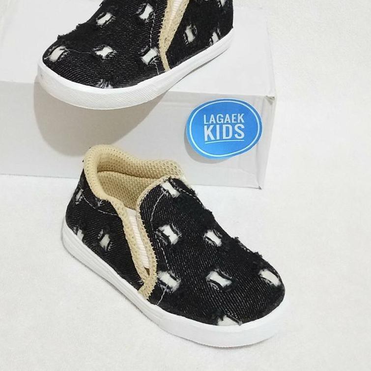 PIY Sepatu anak usia 1 2 tahun cowok jeans lentur ripped NEW/sepatu jeans anak slop HITAM NEW JRL LA