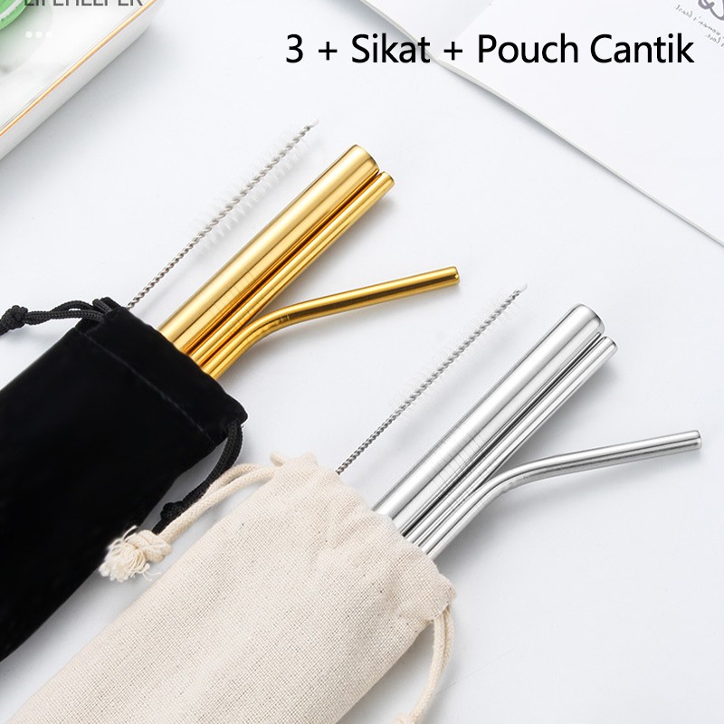 5 in 1 Sedotan Stainless Set Besi set 5 Free Pouch Reusable Straw Steel