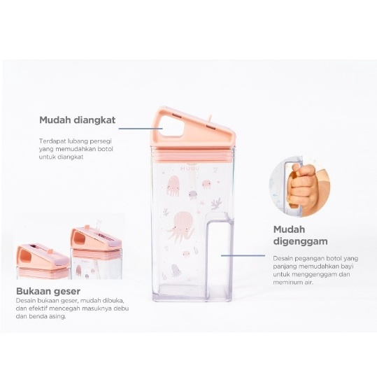 Mugu Square Straw Bottle With Handle - Botol Minum Anak 12m+ Sedotan Anti Tumpah Bottle Sedotan Botol Minum Anak Dengan Handle Pegangan