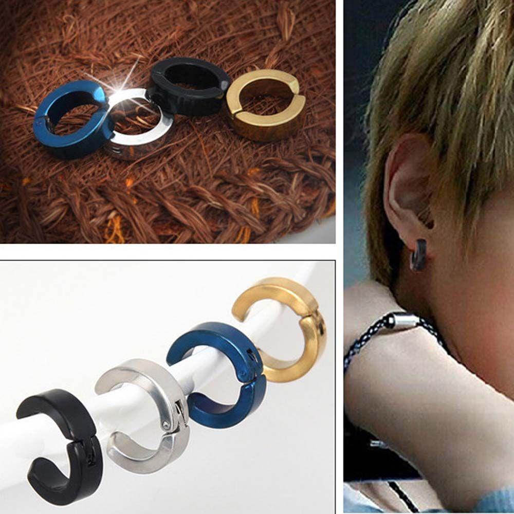 NEEDWAY Needway Klip Telinga Punk Street Lingkaran Non-piercing Anting Hoop Bulat Stainless steel