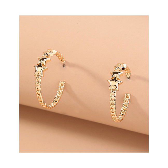 LRC Anting Tusuk Fashion Gold Color Twist Chain C-shaped Stitching Five-pointed Star Alloy Earrings