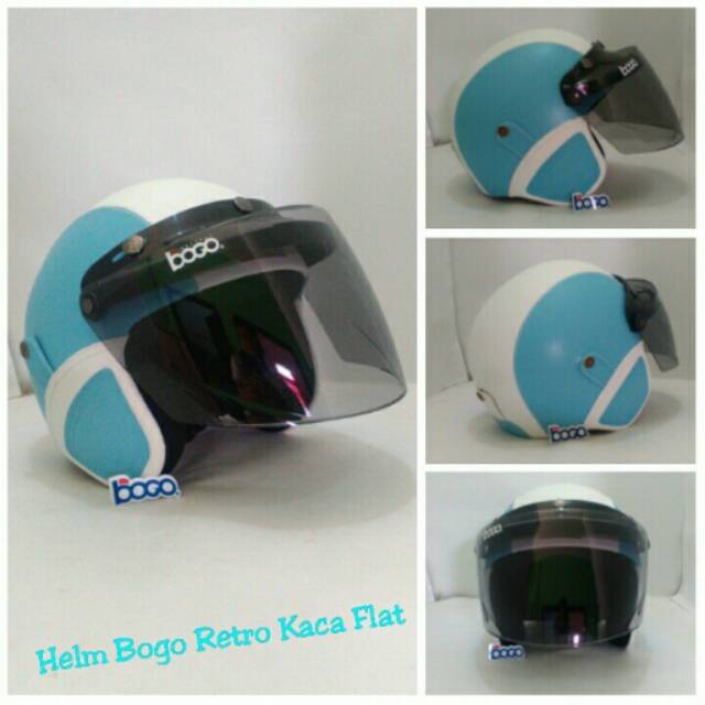 HELM BOGO RETRO SNI KULIT CLASSIC BIRU MUDA PUTIH KACA BOGO FLAT