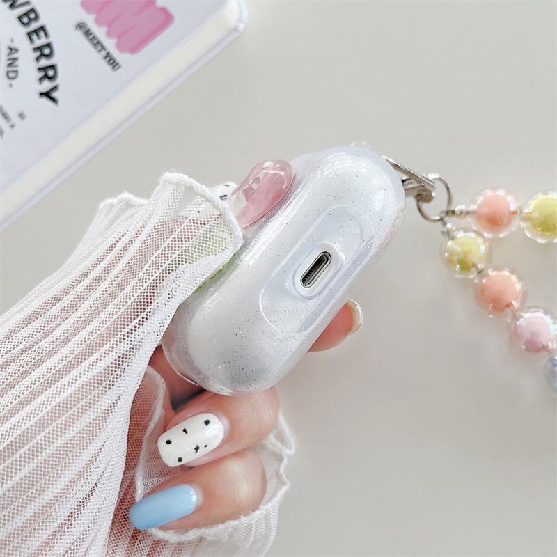 Casing Soft Case Silikon Motif Kartun Aksen Glitter + Strap Mutiara Untuk AirPods 1 / 2 / 3 Pro