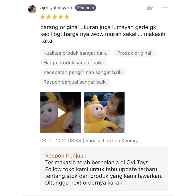 Boneka Teletubbies Besar Ukuran XL (Tinggi 50cm) Berlabel SNI