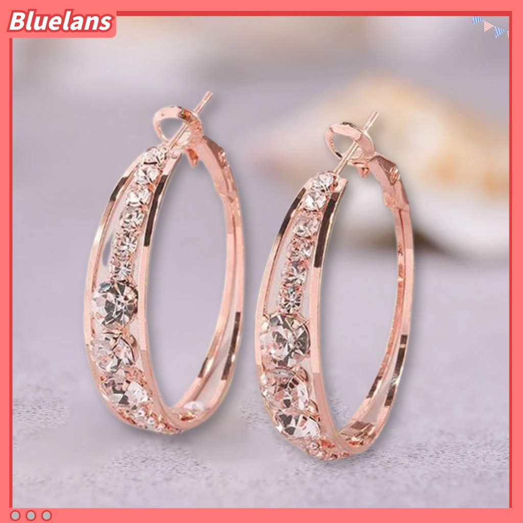 1 Pasang Anting Hoop Berlian Imitasi Bentuk Lingkaran Warna Rose Gold Untuk Wanita