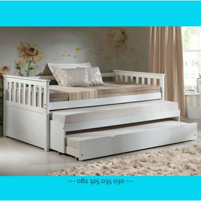 Tempat tidur tingkat 3 minimalis putih, kasur anak laki-laki multifungsi hemat ruangan