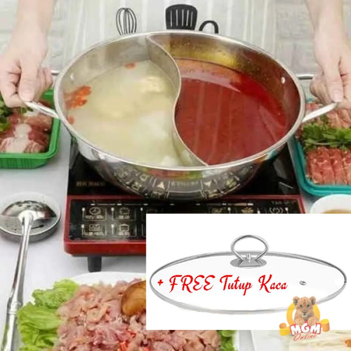 Panci Shabu Shabu Sekat S 30CM Panci Suki Shabu2 TEBAL FREE Tutup Kaca