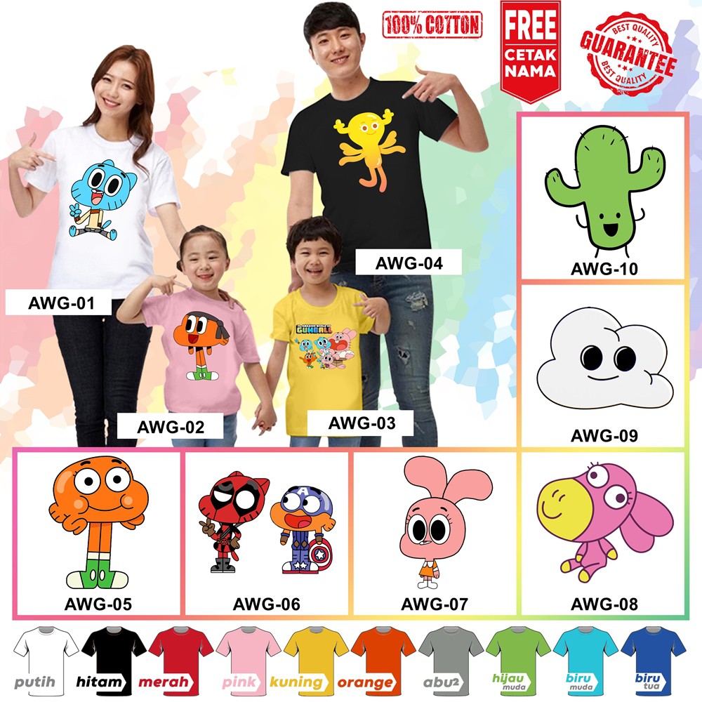 [FREE NAMA!!] Baju Kaos ANAK DAN DEWASA AMAZING WORLD OF GUMBALL BANYAK MOTIF