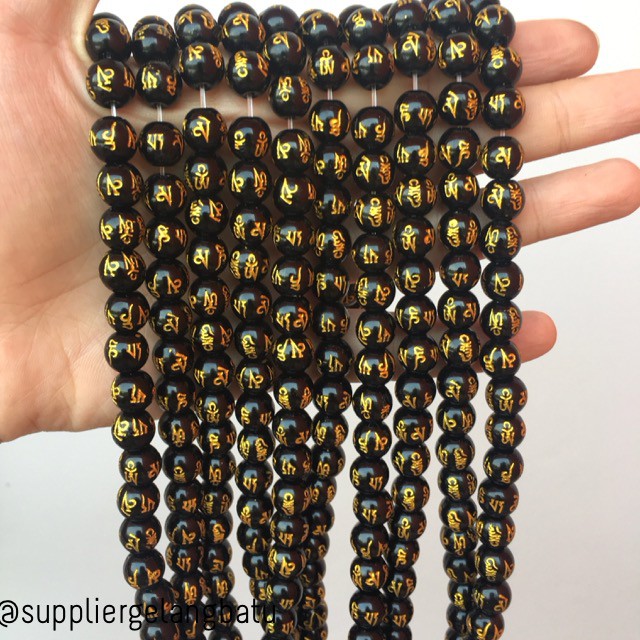 renceng batu tibet hitam lucky bead black gold 8mm kalung gelang suply