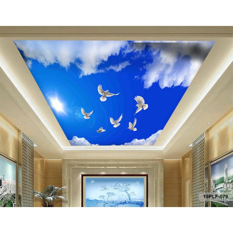 Wallpaper 3D Custom Plafon Langit Putih Awan Biru  Merpati Putih (19PLF-079)
