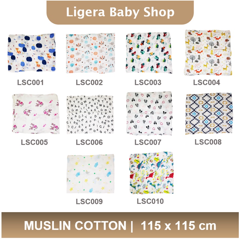 LIGERA 100% Cotton Muslin Swaddle Bedong Selimut Kain Bayi Premium - Pilih Motif