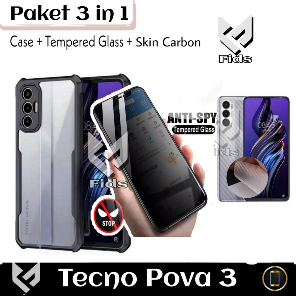 (PROMO PAKET) 3IN1 Case Tecno Pova 3 Pova 2 Soft Hard Fusion Shockprooft Free Tempered Glass Layar + Garskin Carbon Anti Gores Jamur Handphone