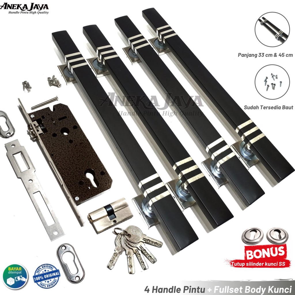 4 Handle set kunci pintu panjang 33cm &amp; 45 cm / Tarikan  Gagang pintu rumah warna hitam stainlees