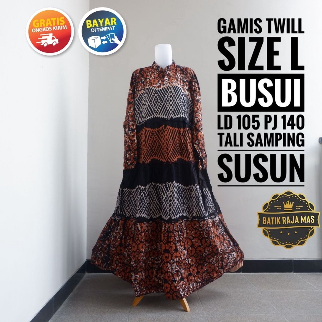 Gamis Wanita Twill Ori Pekalongan Syari Raya Lebaran Busui Friendly Resleting Depan Motif Batik Abst