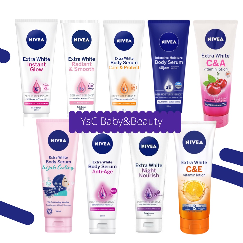 NIVEA Body Serum Extra White 180mL | intensive | instanglow | Night nourish | extra bright C &amp; E 180ml | Anti Age | Hijab | Care n Protect |