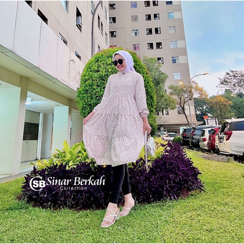 Tunik Long panjang susun, Shakila premium motif bunga kecil