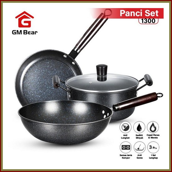 Panci 18 Set Free Spatula Dan Pisau Tutup Kaca Serbaguna Anti Lengket  Gm Bear Panci Set Isi 3 Pcs