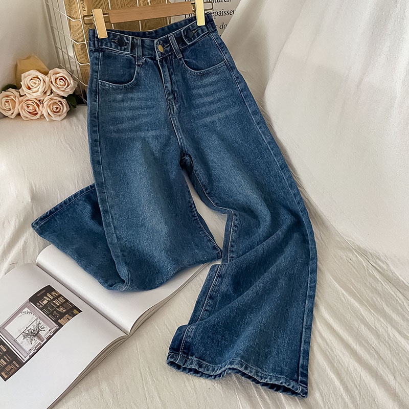 korean style biru laut vintage loose straight high waist celana jeans wanita(gambar fisik)