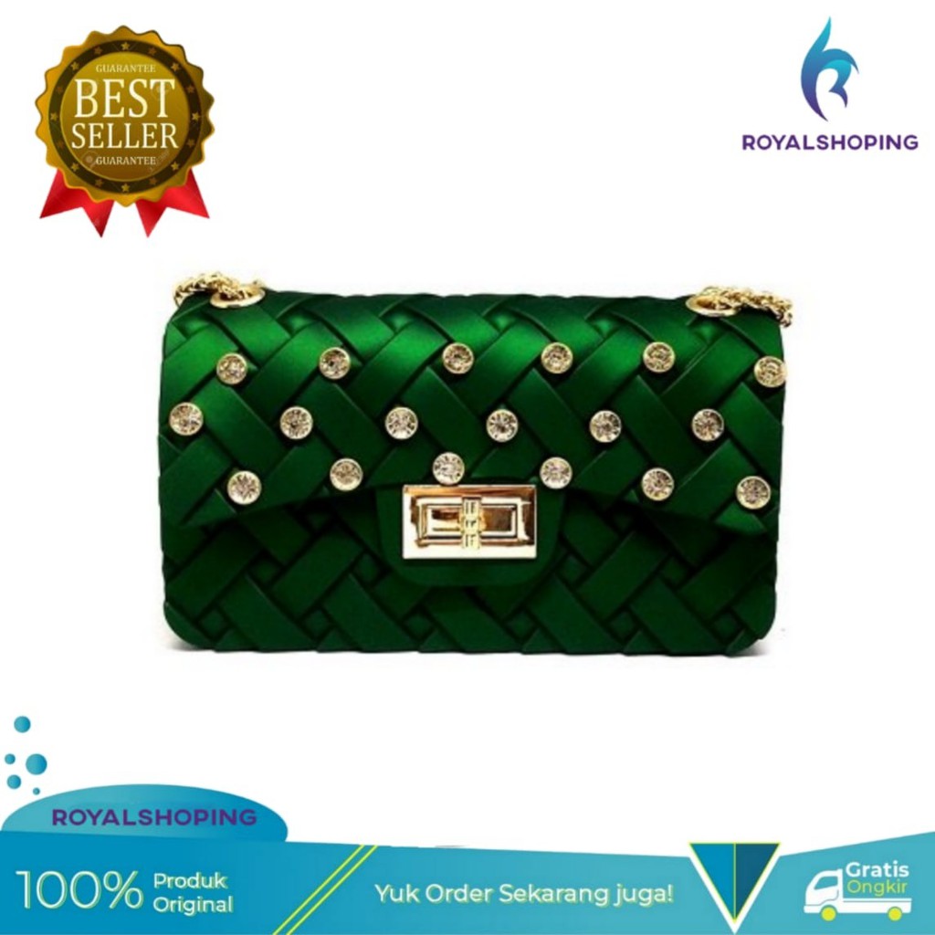 SLW14 Tas Jelly Matte Import Anyam Diamond Mini 18 cm Gratis Syal & Boneka - Hijau