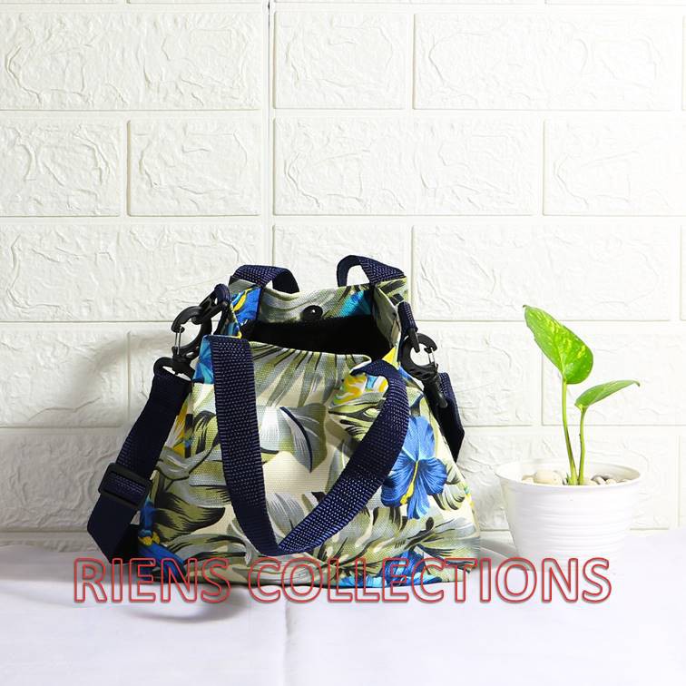 RIENS COLLECTIONS. SLING BAG TAS SELEMPANG KANVAS MOTIF BUNGA SEPATU BIRU