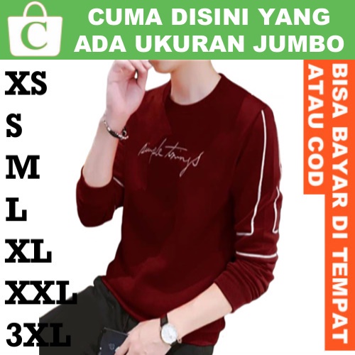 XXXL 3XL XXL XL L M S XS Kaos Pria Sweater Cowok Laki Korea Garis Lengan Panjang Polos Bordir MERAH 