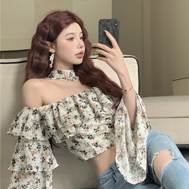 blus korea kemej one-shoulder ruffled pullover floral kemeja lengan panjang gaya pendek wanita kemej