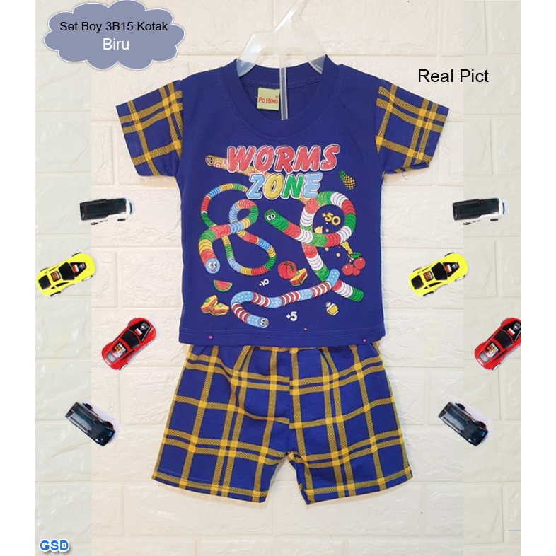 Set Boy 3B15 Kotak/Set Baju Celana Anak 6-11 Thn/Pakaian Setelan Baju Anak Cowok Murah/Kaos Anak