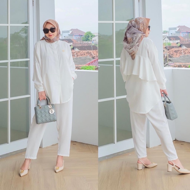 DYN  Basic Anara set Part 6- One Set Atasan + Celana Crinkles-White plat
