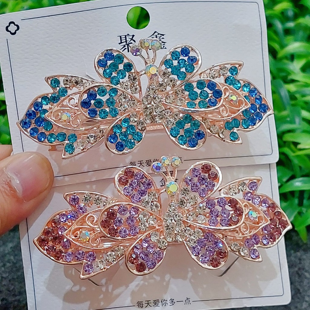 Jepit rambut otomat korea full zirkon asli motif merak terbaru 8.5cm JO19#