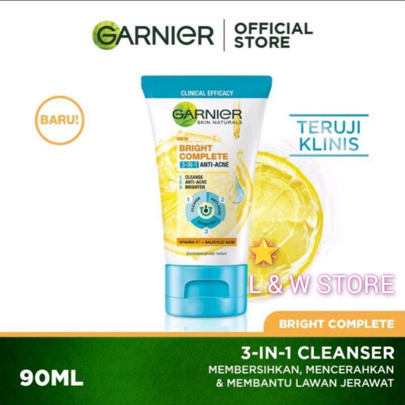 Garnier Bright Complete 3-in-1 Anti Acne Facial Wash Skin Care 90 ml | Wajah Cerah Bebas Jerawat