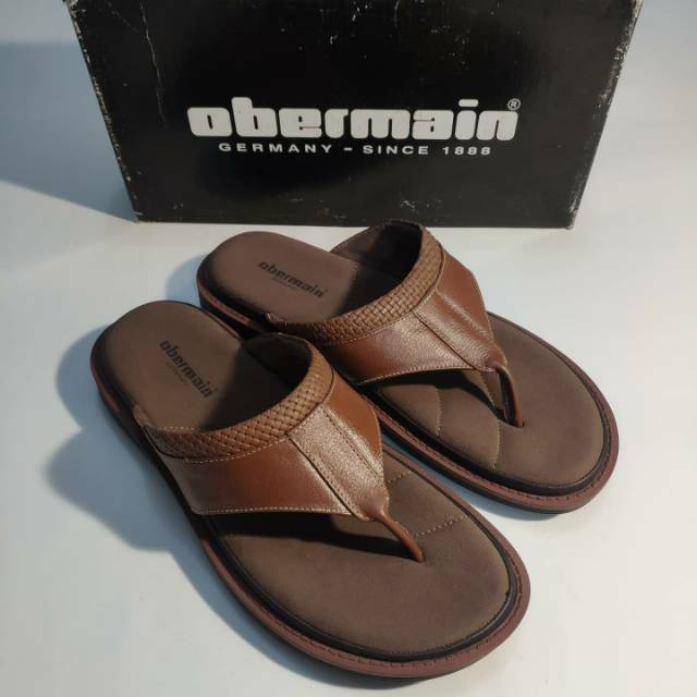 Sandal Jepit Kulit Cowok Pria Kekinian Santai dan Nyaman Merk Obermain Coklat