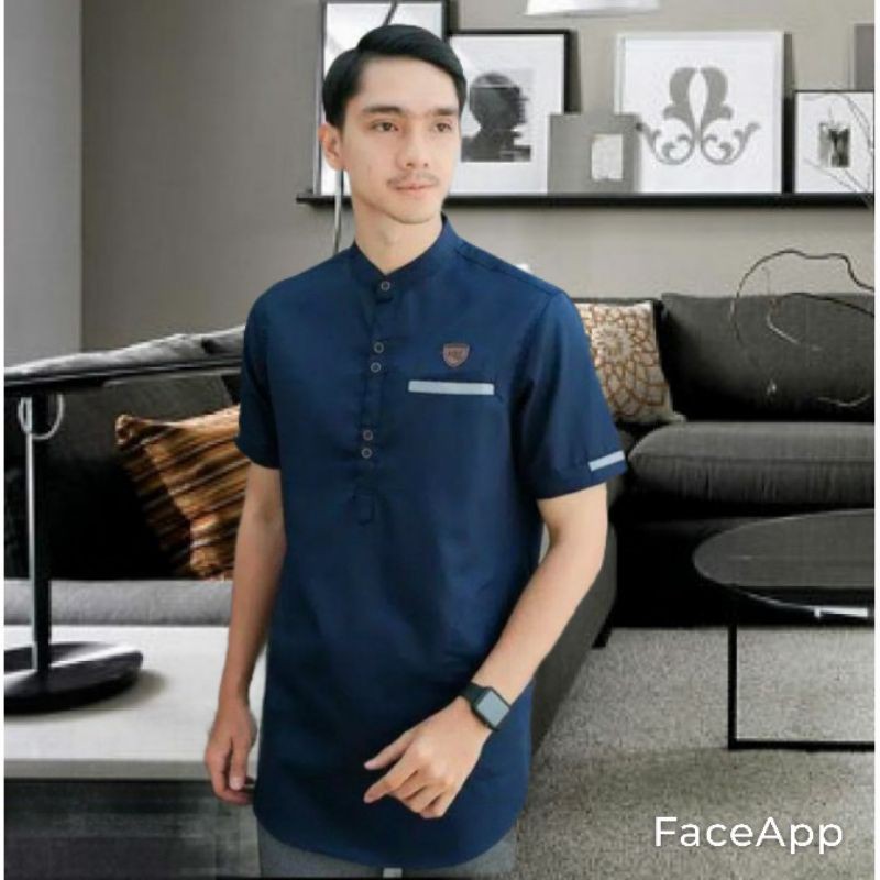 [HANYA DISHOPEE] Baju Koko Muslim//Koko Kurta Lengan Pendek Remaja Dewasa//Bahan Toyobo-KOKO-Navy/Biru