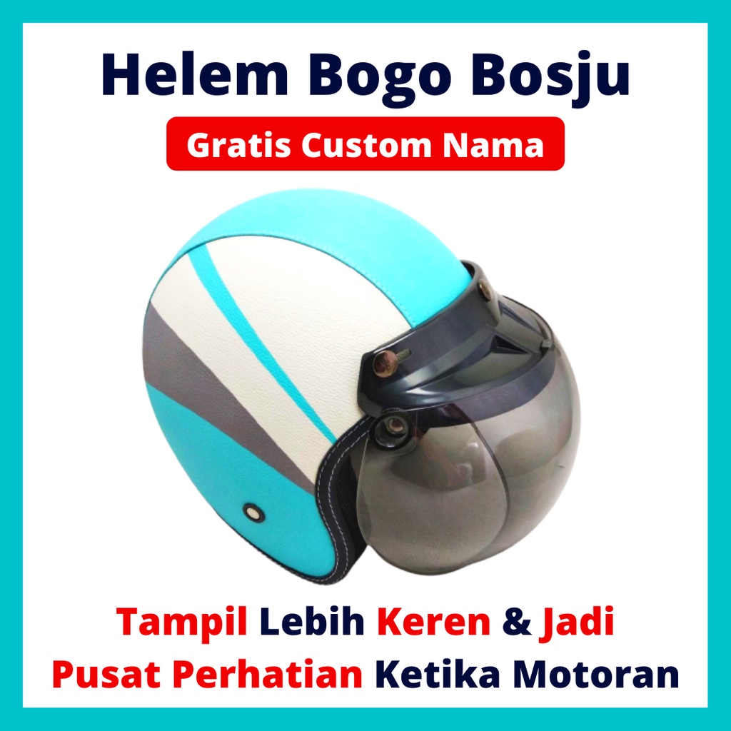 HELM BOGO RETRO KULIT WANITA DEWASA KACA DATAR CLASSIC WARNA BIRU LANGIT PUTIH - HELEM BOGO BOSJU