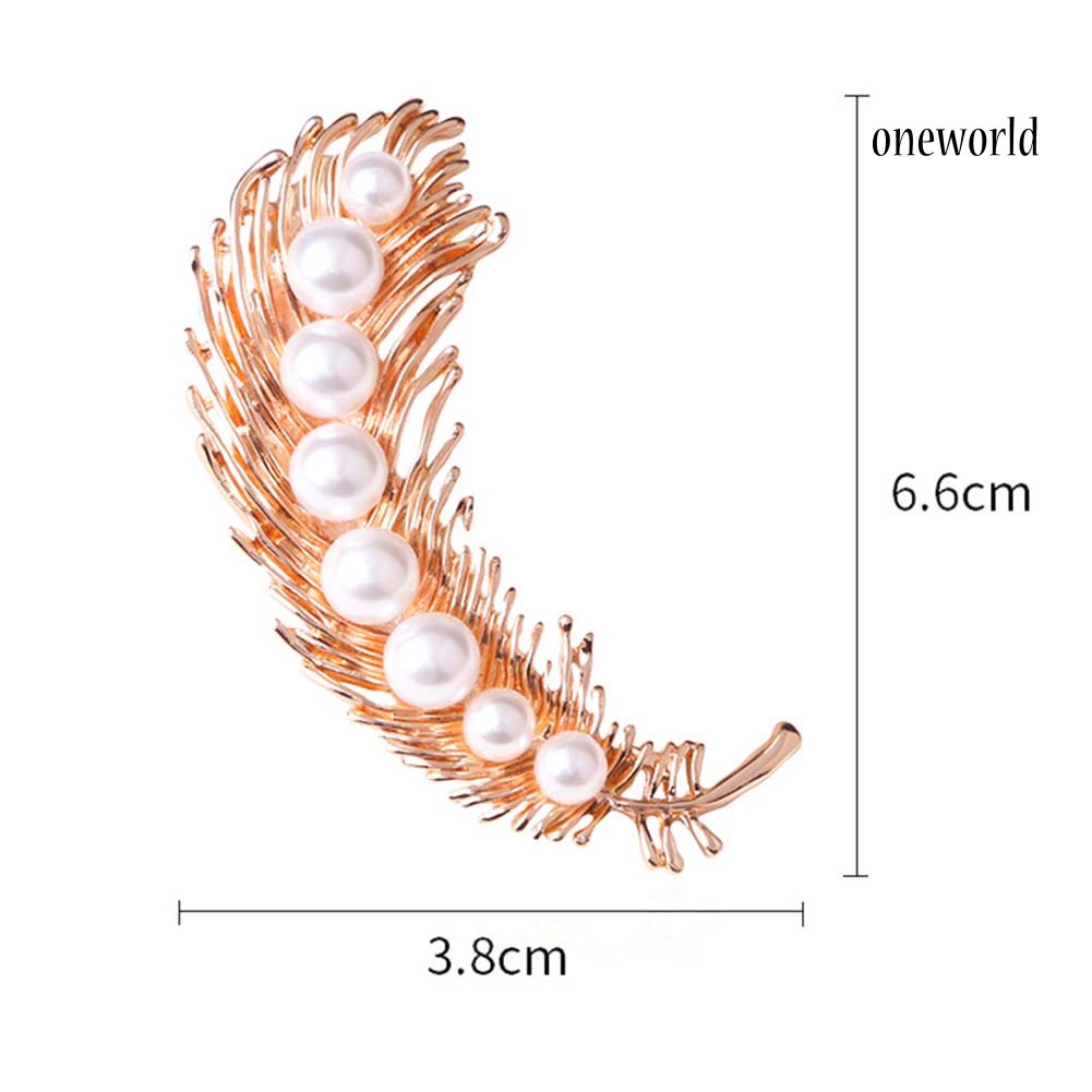 OW@ Elegant Women Faux Pearl Inlaid Feather Shape Brooch Pin Corsage Scarf Accessory