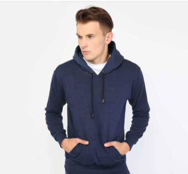 Jaket sweater hoodie jumper polos real cotton fleece murah Navy Biru dongker