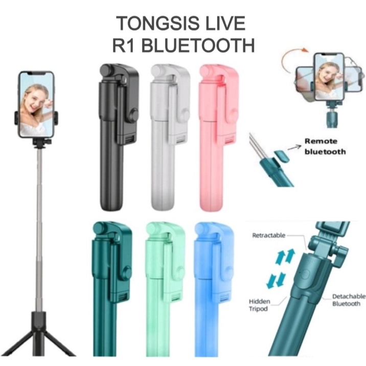 Tongsis Remot Bluetooth Macaron R1 Tripod Macaron Selfie Wireless Selfie Stick Remote Live Streaming Full color