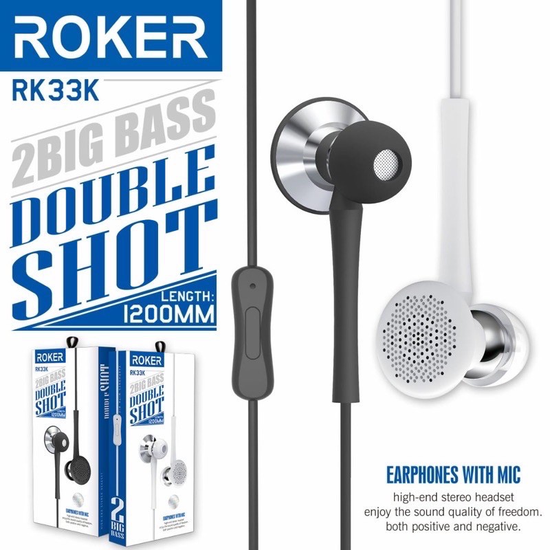 Handsfree ROKER RK33k DOUBLE SHOT / Headset Roker 2BIG BASS WITH mic Length 1200MM / EARPHONE RK 33k
