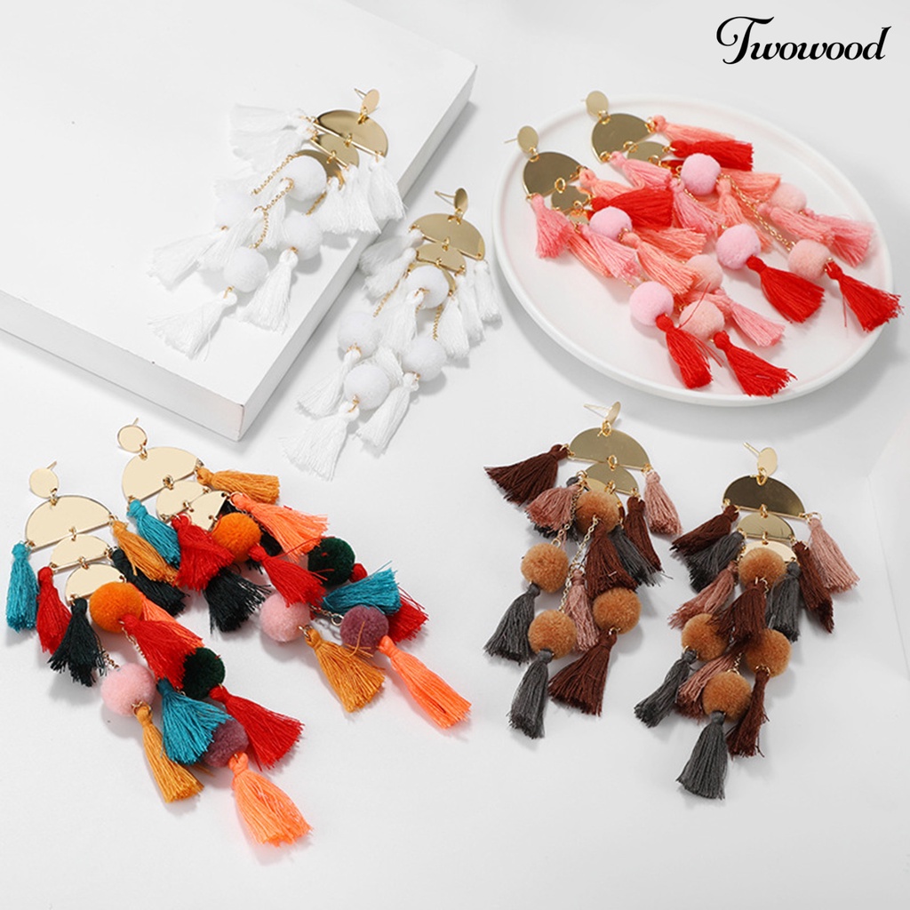 1 Pasang Anting Rumbai Multilayer Bentuk Setengah Lingkaran Tahan Jatuh Gaya Bohemian Untuk Wanita