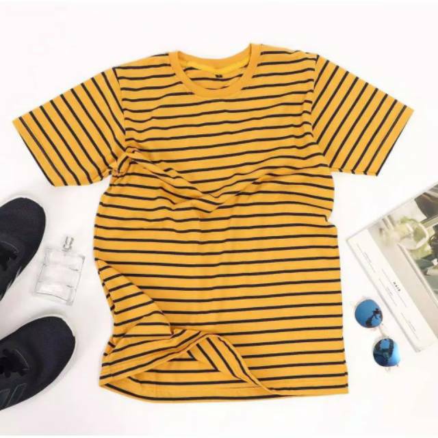  Kaos  Stripe  Salur Belang KUNING  HITAM  Pria Wanita Premium 